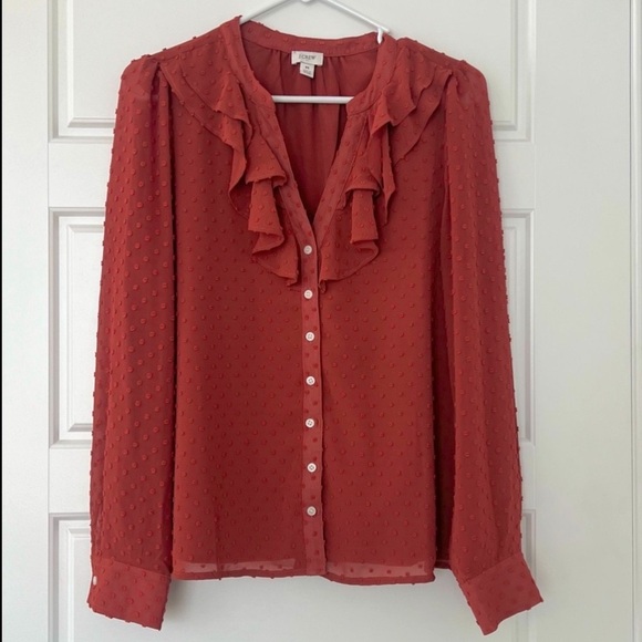 J. Crew Dark Orange Clip Dot Ruffle Button Up Blouse - Picture 1 of 5